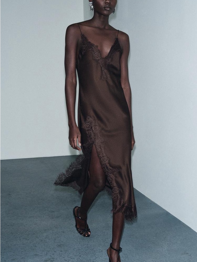 Zara Bnwt Satin Lace Dress. Brown 5919/040/700